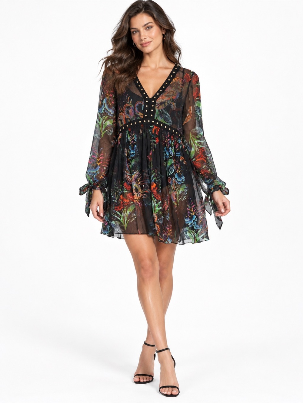 Maeve Anthropologie Sheer Floral Studded Mini Dress Size 2 Black Tropical Boho